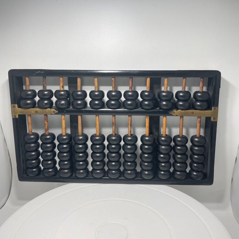 Vintage Chinese Abacus Suanpan 11 Rods Black Wood Brass Corners Hong Kong